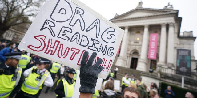 Protesters outside the Tate Britain in London, which has been hosting a drag queen story-telling event for children. Far-right protesters clashed with counter-protesters who appeared in support of the story-telling. 