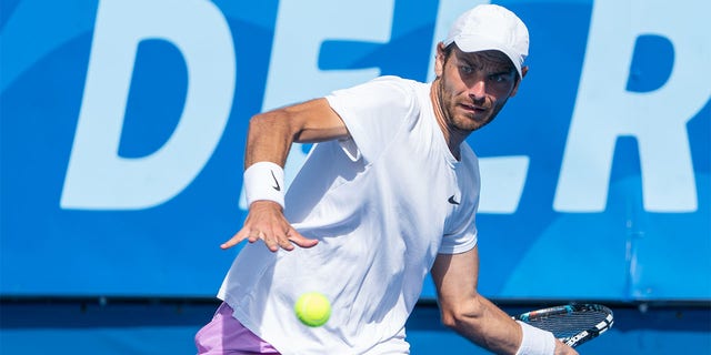 Matija Pecotic competes during the qualifying round of the Delray Beach Open on February 12, 2023 in Florida.