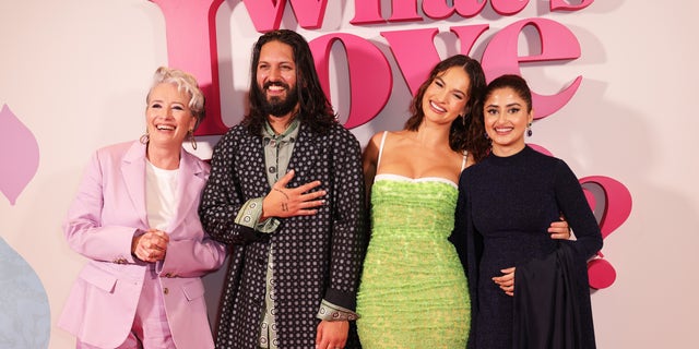 From left to right, Dame Emma Thompson, Shazad Latif, Lily James and Sajal Ali attend the UK Premiere of "What's Love Got To Do With It?" at Odeon Luxe Leicester Square on Feb. 13, 2023 in London.