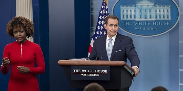 John Kirby speaks at a press briefing following the U.S. downing of a number of objects, at the White House on Feb. 13, 2023.