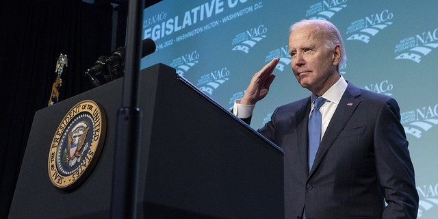 Presiden AS Joe Biden selama konferensi legislatif National Association Of Counties di Washington, DC, AS, pada Selasa, 14 Februari 2023. 