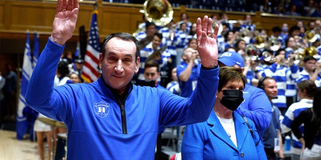 Former Duke Blue Devils head coach Mike Krzyzewski and his wife, Mickie Krzyzewski, attend the game against Notre Dame on February 14, 2023.