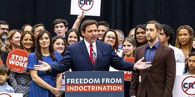 Florida Gov. Ron DeSantis signed HB 7, known as the Stop Woke bill, in Hialeah Gardens, Florida, on April 22, 2022. 