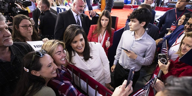 Haley greets attendees after speaking during an event in Charleston, S.C.