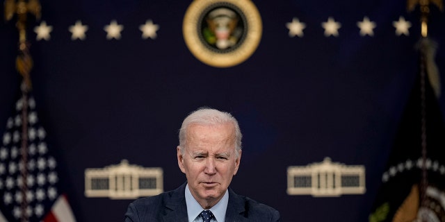 U.S. President Joe Biden in the South Court Auditorium at the White House complex February 16, 2023, in Washington, DC. 