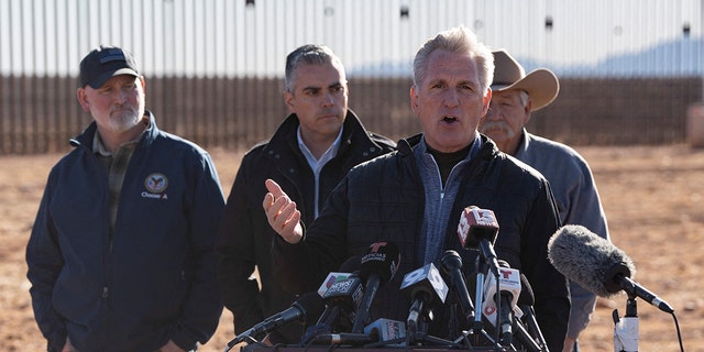House Speaker Kevin McCarthy, R-Calif., speaks during a press conference at the US-Mexico Border in Cochise County near Sierra Vista, Arizona, on February 16, 2023. 