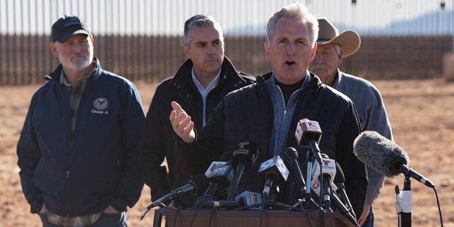 House Speaker Kevin McCarthy, R-Calif., speaks during a press conference at the US-Mexico Border in Cochise County near Sierra Vista, Arizona, on February 16, 2023. 