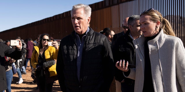 House Speaker Kevin McCarthy, R-Calif., walks along the border wall of the US-Mexico Border in Cochise County near Sierra Vista, Arizona, on February 16, 2023. 