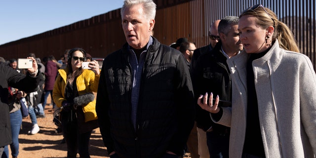 House Speaker Kevin McCarthy, R-Calif., walks along the border wall of the US-Mexico Border in Cochise County near Sierra Vista, Arizona, on February 16, 2023. 