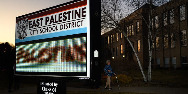 Members of the community gather at the high school for a town hall meeting following the February 3 Norfolk Southern train derailment in East Palestine, OH.