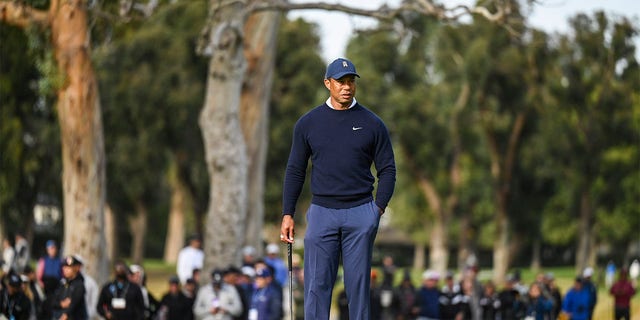 Tiger Woods waits to kick off during the Genesis Invitational at the Riviera Country Club on February 16, 2023.