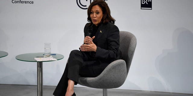 Vice President Kamala Harris speaks at the Munich Security Conference in southern Germany, on Feb. 18, 2023.