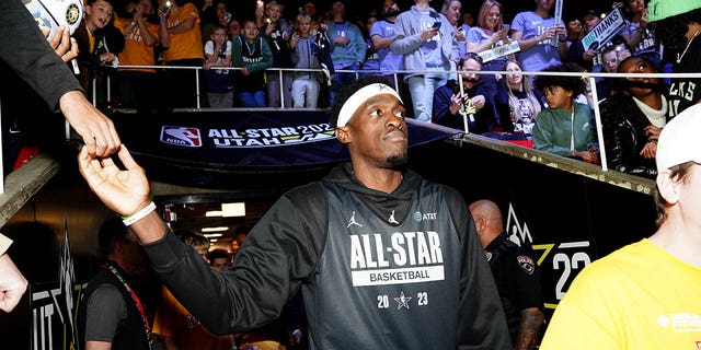 Pascal Siakam #43 of the Toronto Raptors walks on to the court during NBA All-Star Practice presented by AT&amp;T as part of 2023 NBA All Star Weekend on Saturday, February 18, 2023 at the Jon M. Huntsman Center in Salt Lake City, Utah.