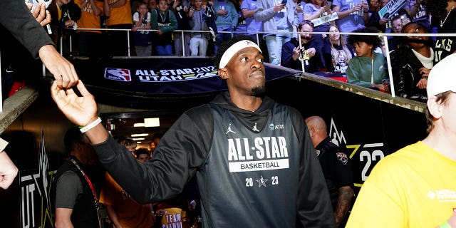 Pascal Siakam #43 of the Toronto Raptors walks on to the court during NBA All-Star Practice presented by AT&T as part of 2023 NBA All Star Weekend on Saturday, February 18, 2023 at the Jon M. Huntsman Center in Salt Lake City , Utah.