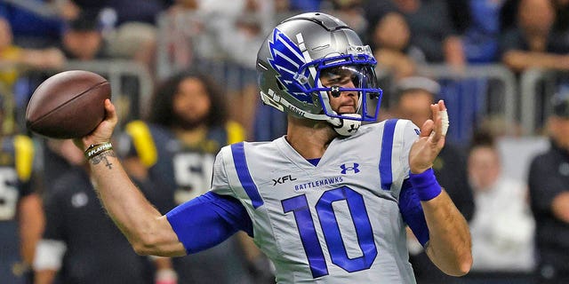 A. J. McCarron, #10 of the St. Louis Battlehawks, prepares to throw a pass against the San Antonio Brahamas at the Alamodome on Feb. 19, 2023 in San Antonio.