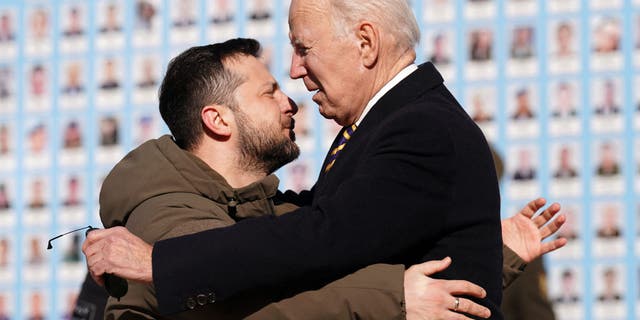 President Biden made a surprise trip to Kyiv on Feb. 20, 2023, ahead of the first anniversary of Russia's invasion of Ukraine. Biden met Ukrainian President Volodymyr Zelenskyy, left, in the Ukrainian capital on his first visit to the country since the start of the conflict.