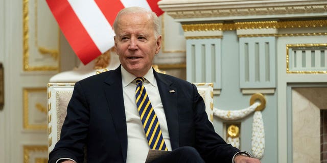 US President Joe Biden speaks during a meeting with Ukrainian President Volodymyr Zelensky at Mariinsky Palace during a surprise visit, on Feb. 20, 2023 in Kyiv.