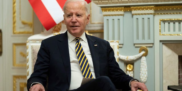 US President Joe Biden speaks during a meeting with Ukrainian President Volodymyr Zelensky at Mariinsky Palace during a surprise visit, on Feb. 20, 2023 in Kyiv.