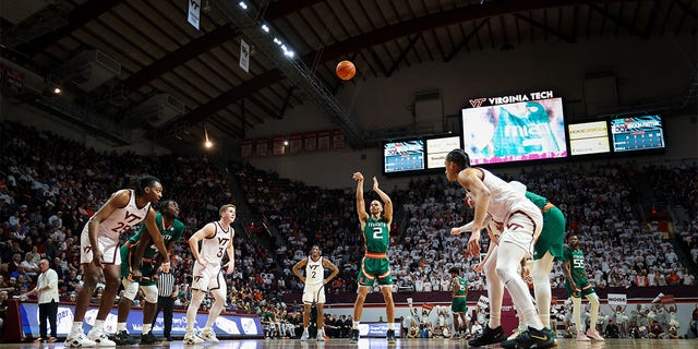 Isaiah Wong of the Miami Hurricanes shoots a free throw against the Virginia Tech Hokies in the first half of the game at Cassell Coliseum in Blacksburg, Virginia, on Tuesday.