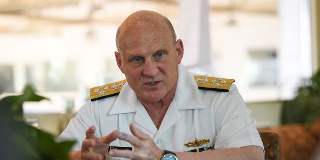 Chief of Naval Operations Rear Admiral Michael Gilday speaks during a media interview at a private hangar in Manila, the Philippines, Feb. 22, 2023. The U.S. is "engaged" to conduct joint maritime patrols with the Philippines in the disputed South China Sea, Gilday said as the countries try to deter Chinese aggression. 