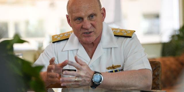 Chief of Naval Operations Rear Admiral Michael Gilday speaks during a media interview at a private hangar in Manila, the Philippines, Feb. 22, 2023. The U.S. is "engaged" to conduct joint maritime patrols with the Philippines in the disputed South China Sea, Gilday said as the countries try to deter Chinese aggression.