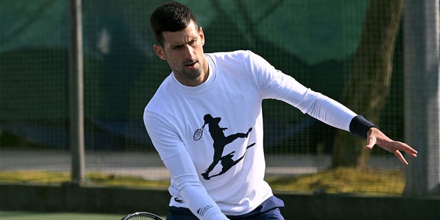 Serbian tennis player Novak Djokovic attends a training session in Belgrade on February 22, 2023. 