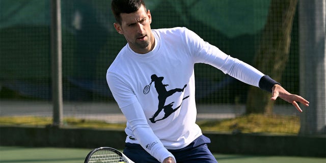 Serbian tennis player Novak Djokovic attends a training session in Belgrade on February 22, 2023.
