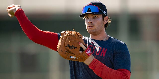 Triston Casas, #36 of the Boston Red Sox, throws during a Boston Red Sox spring training workout on February 22, 2023, at jetBlue Park at Fenway South in Fort Myers, Florida.