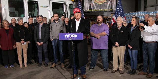 Former US President Donald Trump speaks at the East Palestine Fire Department in East Palestine, Ohio, on February 22, 2023.