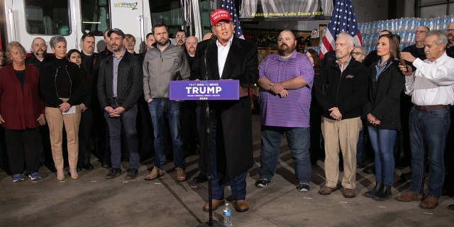 Former US President Donald Trump speaks at the East Palestine Fire Department in East Palestine, Ohio, on February 22, 2023.