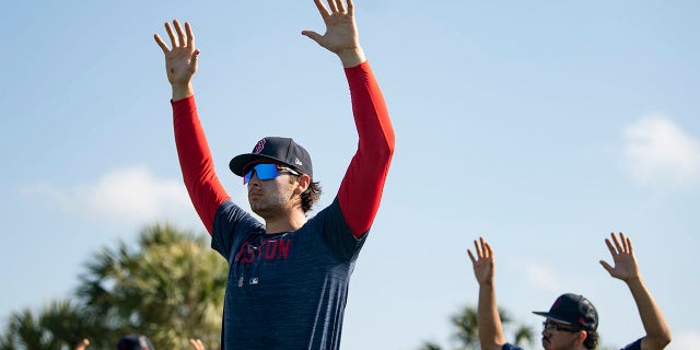 Triston Casas, #36 of the Boston Red Sox ,stretches during a Spring Training team workout on February 23, 2023, at JetBlue Park at Fenway South in Fort Myers, Florida.