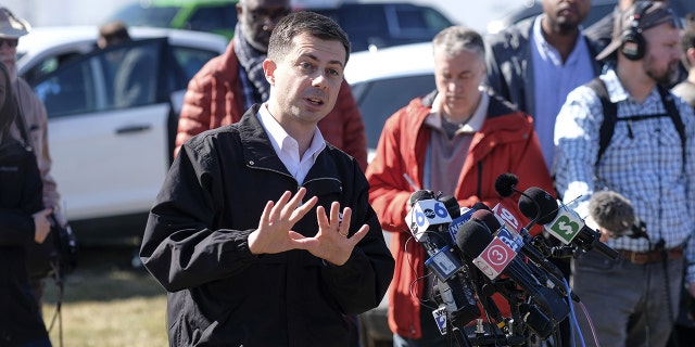 Pete Buttigieg, US transportation secretary, speaks during a news conference near the site of the Norfolk Southern train derailment in East Palestine, Ohio, US, on Thursday, Feb. 23, 2023. 