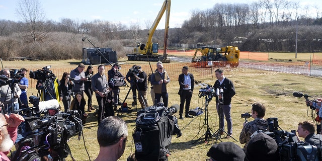Pete Buttigieg, U.S. Secretary of Transportation, speaks at a press conference near the site of the Norfolk Southern train derailment in East Palestine, Ohio, USA, Thursday, February 23, 2023. 