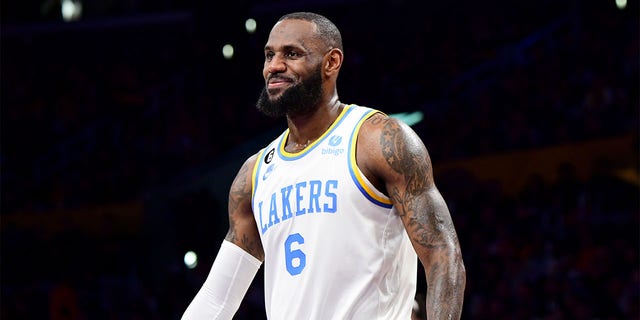 LeBron James, #6 of the Los Angeles Lakers, looks on during the game against the Golden State Warriors on February 23, 2023 at Crypto.Com Arena in Los Angeles.