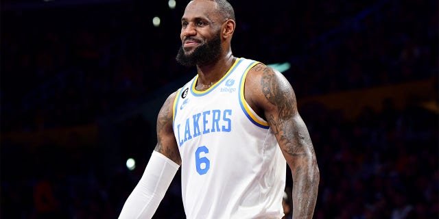 LeBron James, #6 of the Los Angeles Lakers, looks on during the game against the Golden State Warriors on February 23, 2023 at Crypto.Com Arena in Los Angeles.