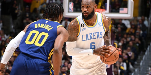 LeBron James, #6 of the Los Angeles Lakers, handles the ball during the game against the Golden State Warriors on February 23, 2023 at Crypto.Com Arena in Los Angeles.