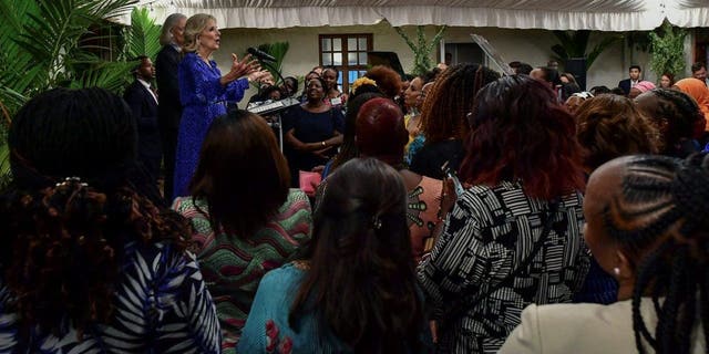 First lady Jill Biden and U.S. Ambassador to Kenya Meg Whitman give speeches during a meeting with Kenyan women leaders at the US Embassy residence on the first day of her state visit in Nairobi on Friday.