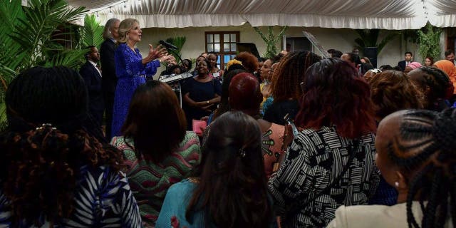 First lady Jill Biden and U.S. Ambassador to Kenya Meg Whitman give speeches during a meeting with Kenyan women leaders at the US Embassy residence on the first day of her state visit in Nairobi on Friday.