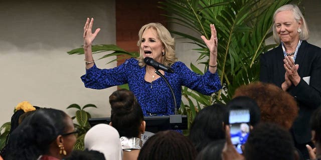 First lady Jill Biden, left, and U.S. Ambassador to Kenya Meg Whitman give speeches during a meeting with Kenyan women leaders at the U.S. Embassy residence on the first day of her state visit in Nairobi on Friday.