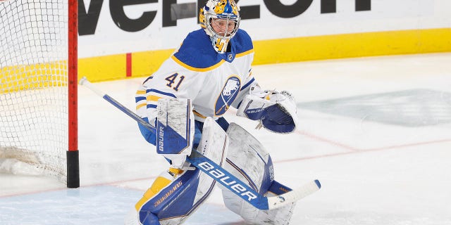 Goaltender Craig Anderson, #41 of the Buffalo Sabres, warms up before the game against the Florida Panthers at the FLA Live Arena on February 24, 2023 in Sunrise, Florida. 