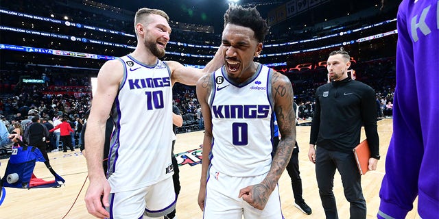 Malik Monk, #0 of the Sacramento Kings, celebrates after the game against the LA Clippers on February 24, 2023, at Crypto.Com Arena in Los Angeles, California. 