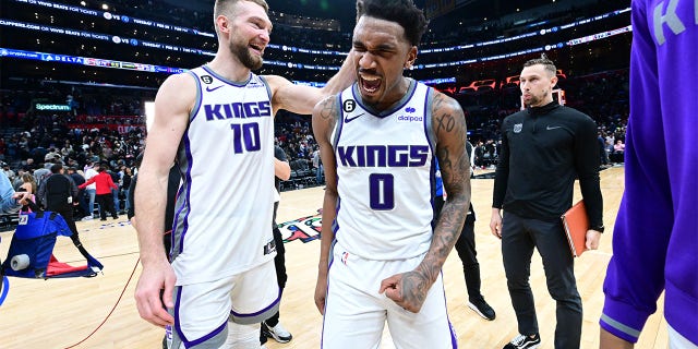 Malik Monk, #0 of the Sacramento Kings, celebrates after the game against the LA Clippers on February 24, 2023, at Crypto.Com Arena in Los Angeles, California. 