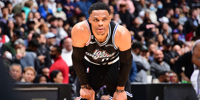 Russell Westbrook, #0 of nan LA Clippers, looks connected during nan crippled against nan Sacramento Kings connected February 24, 2023, astatine Crypto.Com Arena successful Los Angeles, California. 
