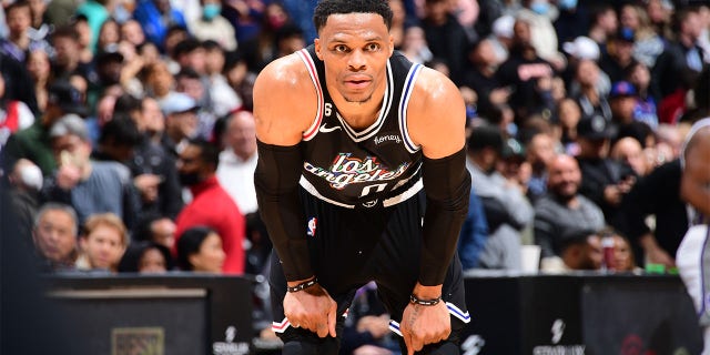 Russell Westbrook #0 of the LA Clippers looks on during the game against the Sacramento Kings on February 24, 2023 at Crypto.Com Arena in Los Angeles, California.