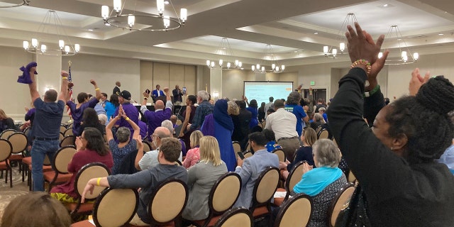 Florida Democrats cheer after electing former Agricultural Commissioner and gubernatorial candidate Nikki Fried as chair of the state party on Saturday, Feb. 25, 2023, in Orlando, Florida. 