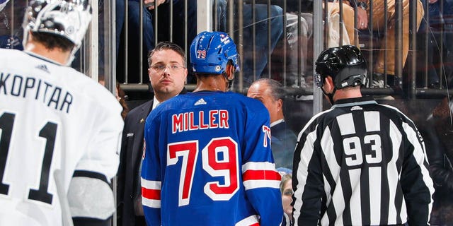 K'Andre Miller, #79 of the New York Rangers, is ejected form the game after being called for a major penalty in the first period against the Los Angeles Kings at Madison Square Garden on Feb. 26, 2023 in New York City. 
