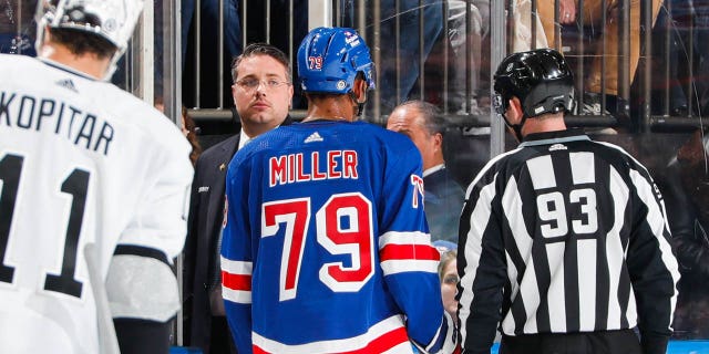 K'Andre Miller, #79 of the New York Rangers, is ejected form the game after being called for a major penalty in the first period against the Los Angeles Kings at Madison Square Garden on Feb. 26, 2023 in New York City.