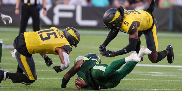 Guardians quarterback Deondre Francois dives for a first down against the San Antonio Brahmas on Feb. 26, 2023, at Camping World Stadium in Orlando, Florida.