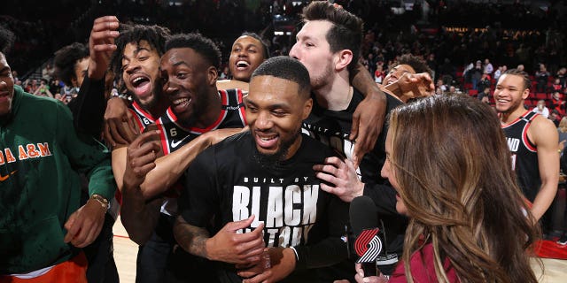 Damian Lillard #0 of the Portland Trail Blazers scores career-high 71 points during the game against the Houston Rockets on February 26, 2023 at the Moda Center Arena in Portland, Oregon.
