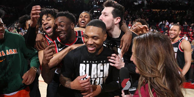 Damian Lillard #0 of the Portland Trail Blazers scores a career-high 71 points during a game against the Houston Rockets on February 26, 2023 at the Moda Center Arena in Portland, Oregon. 